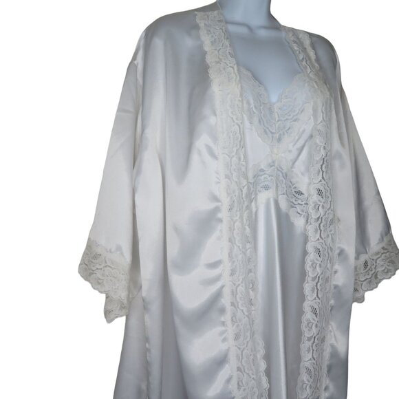 Vintage 80s White Lace Satin Slip Nightgown Robe Peignoir Set Wedding Honeymoon - Picture 14 of 16
